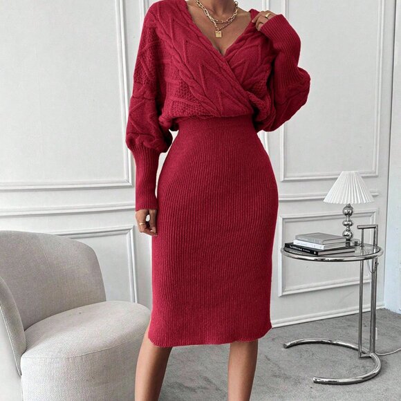 Burgundy Batwing Sleeve Split Hem Women's Knitted Sweater midi Dress - Picture 4 of 6
